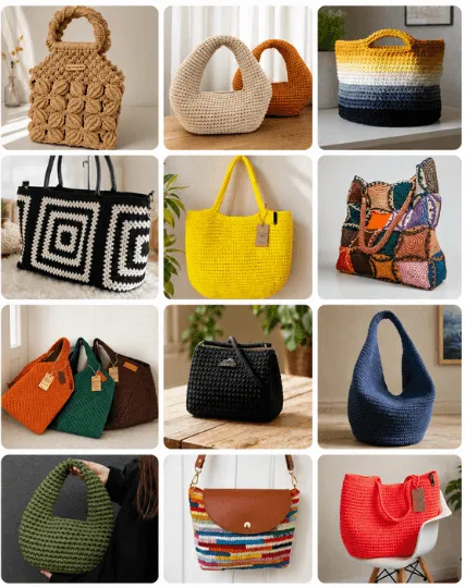 Mosaico com modelos de bolsas de crochê